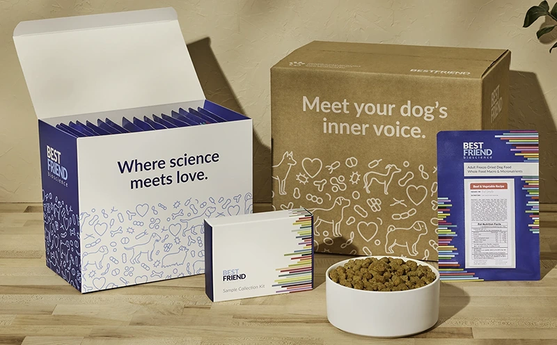 Personalized food package with serving box, food pouches, gut health sample kit, and shipping box