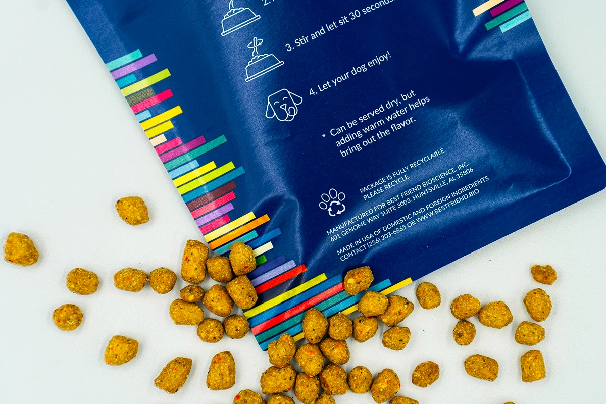 Food pouch with a recycling symbol