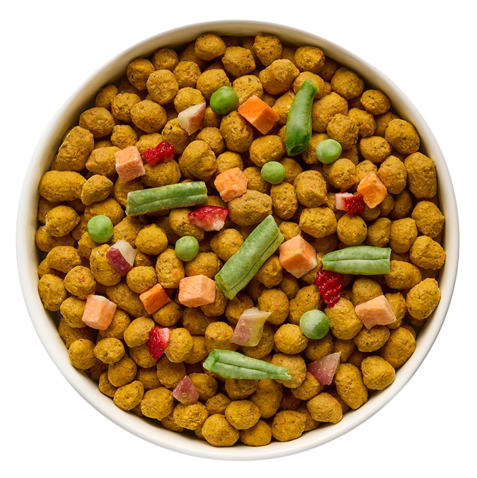 Freeze-dried dog food in bowl.