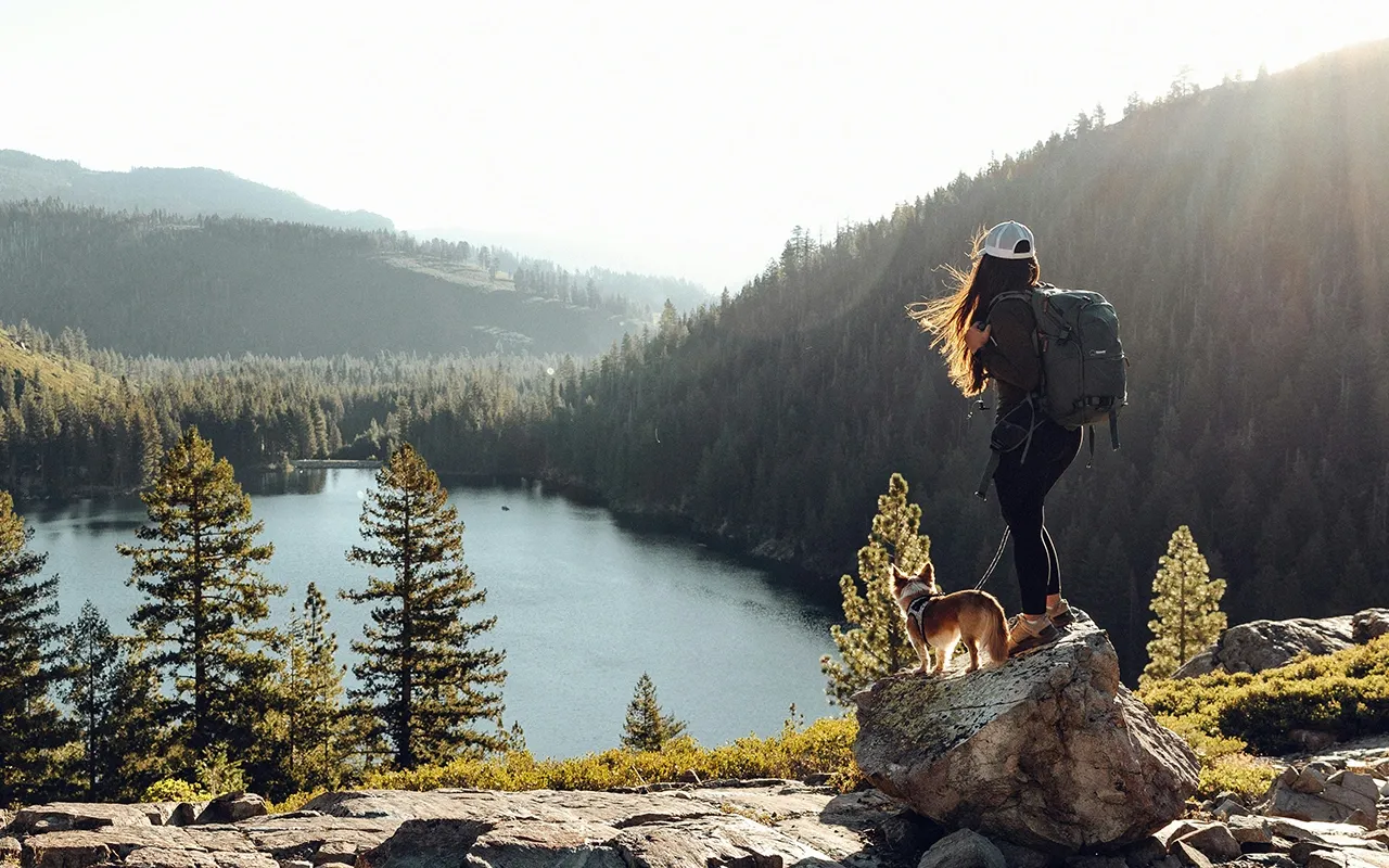 Woman and her furry friend enjoying the outdoors